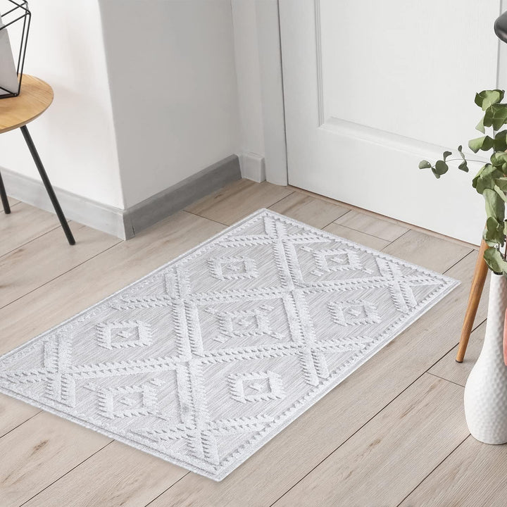 payé Teppich Läufer - Silber Grau Raute - 60x110cm - Boho Deko Teppiche für Balkon Terrasse Garten -