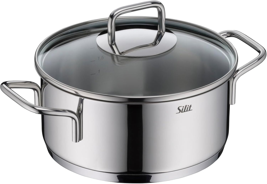 Silit Extra Cook, Bratentopf 20 cm mit Glasdeckel, Innenskalierung, breiter Schüttrand, hochwertiger