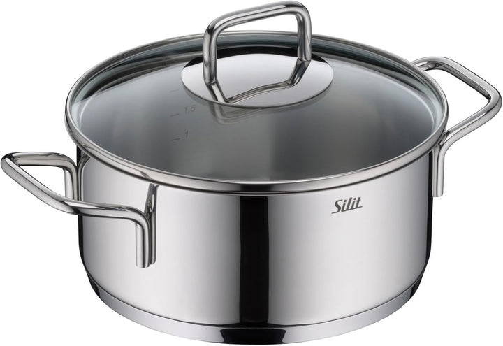 Silit Extra Cook, Bratentopf 20 cm mit Glasdeckel, Innenskalierung, breiter Schüttrand, hochwertiger