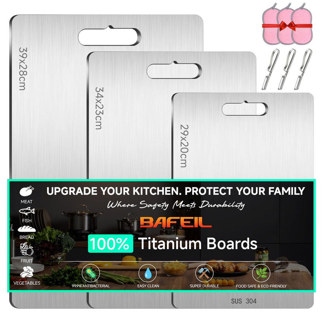 3 Stück Titan Schneidebrett Edelstahl Schneidebrett Set, Titanium Cutting Board Mit Schwamm und Spar