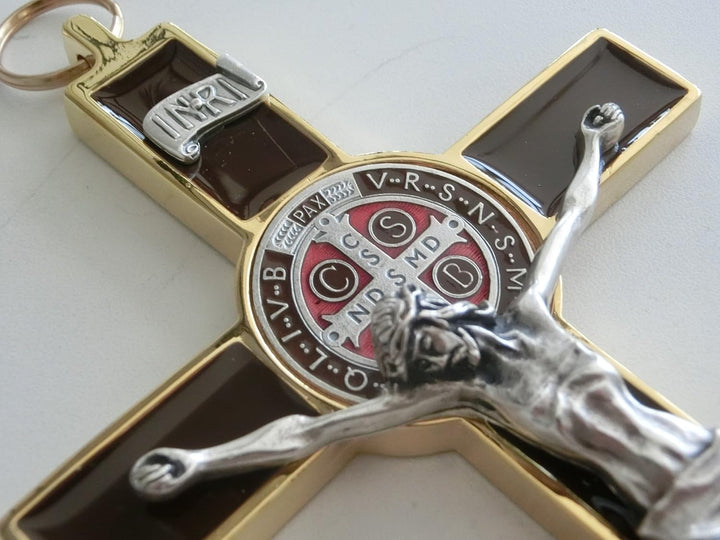 10.004.21 Brown Kreuz Gold Braun San Benedikt 20 cm emailliert mit Box Gift Saint Benedict Erstaunli