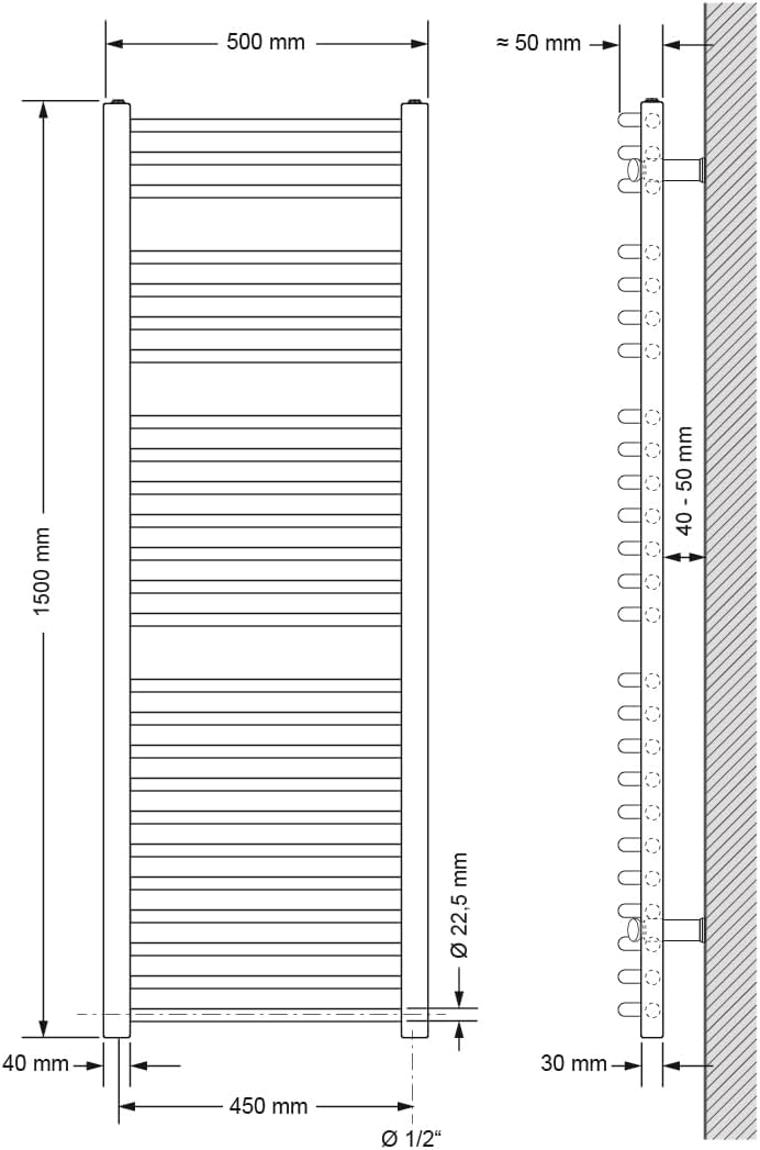 LuxeBath Badheizkörper Elektrisch 500 x 1500 mm Anthrazit gebogen mit Seitenanschluss inkl. Heizstab