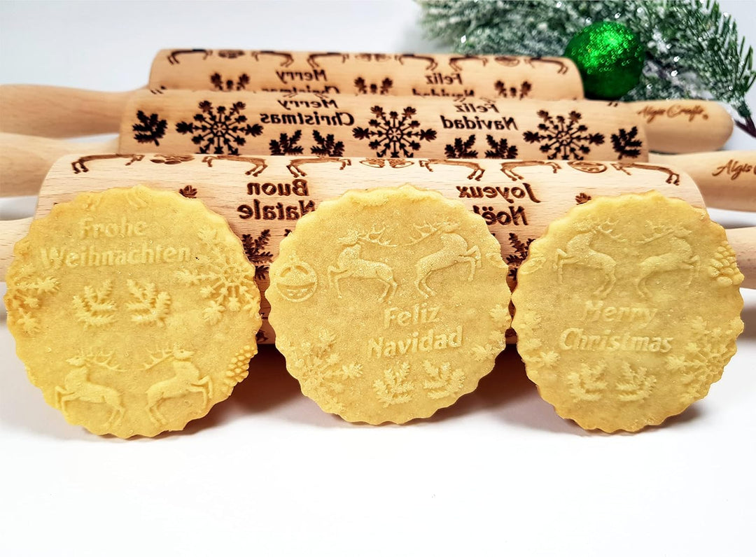 FROHE WEIHNACHTEN Nudelholz mit Muster Weihnachten Backen - Teigroller Holz für DIY Weihnachten Plät