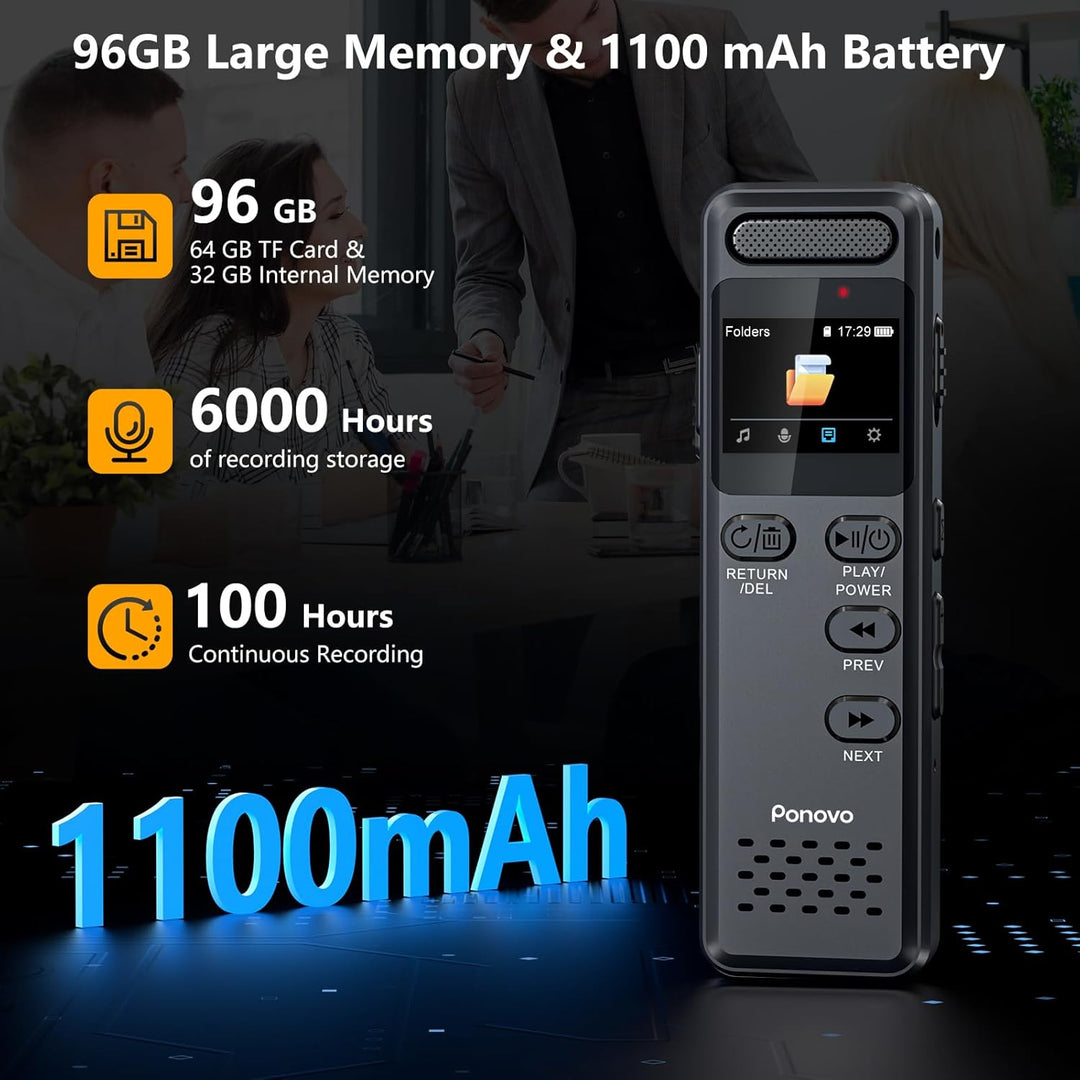 96GB Diktiergerät Digitale mit Spracherkennung, Ponovo Aufnahmegerät 100 Std Kontinuierliche Aufnahm
