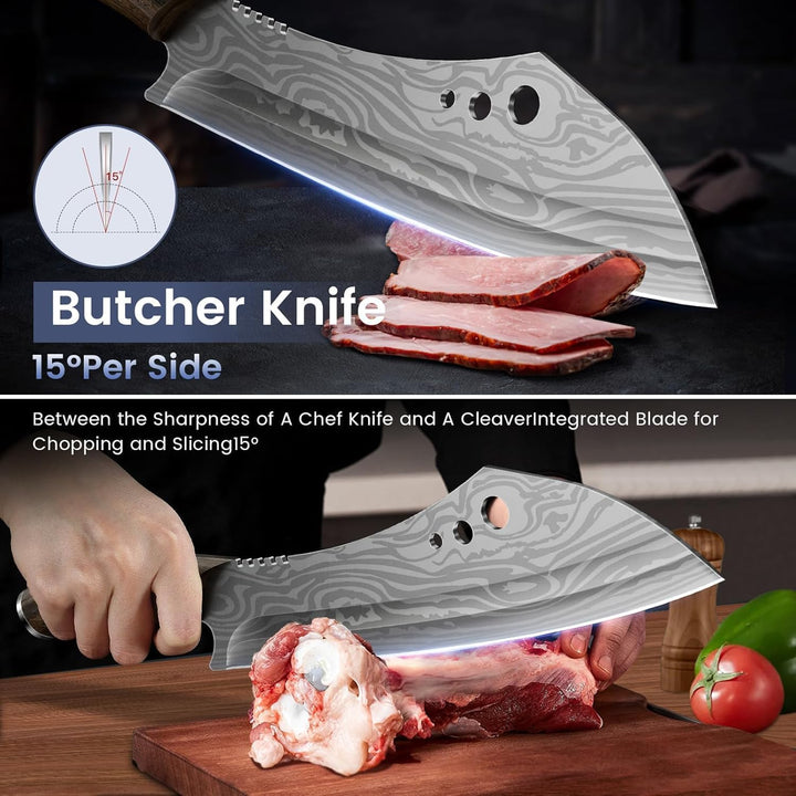 Fleischermesser Set, 3-teilig, Küchenmesser zum Schneiden von Fleisch, Hackmesser, Ausbeinmesser & Z