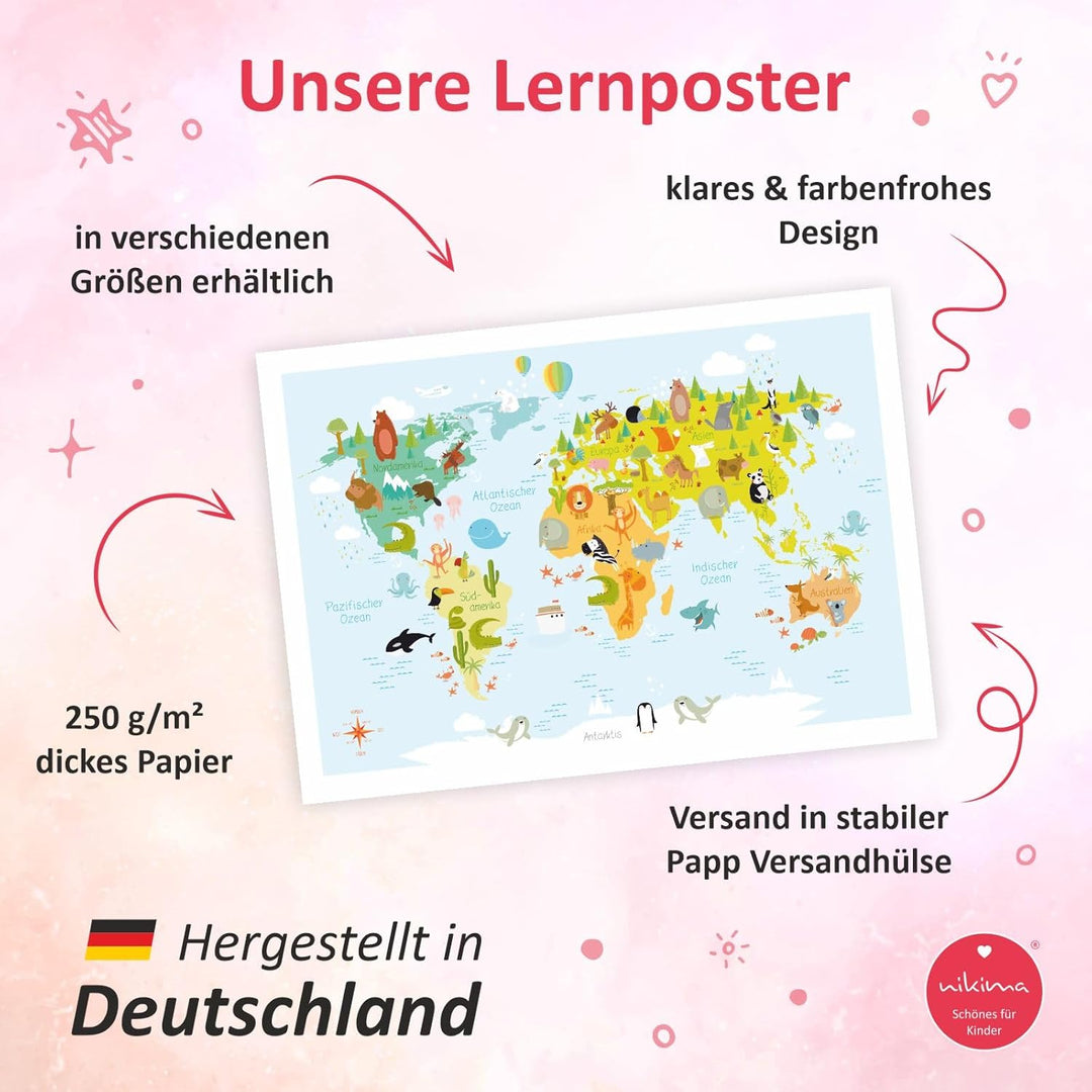 nikima - Kinder Weltkarte modern in 3 Grössen A3/A2/A1 Poster Plakat Tiere Erde Wandbild Kinderzimme
