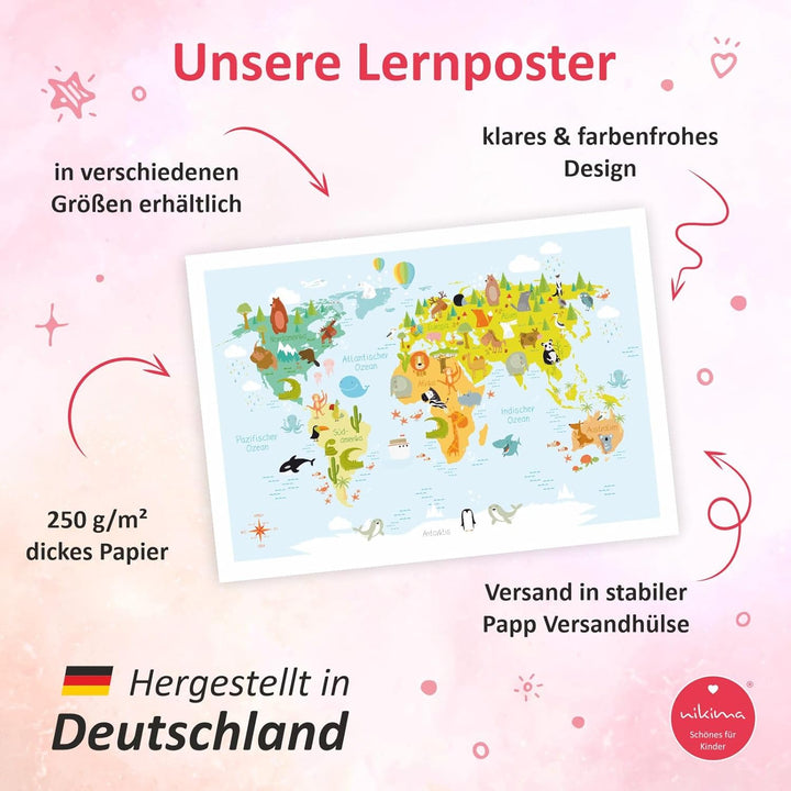 nikima - Kinder Weltkarte modern in 3 Grössen A3/A2/A1 Poster Plakat Tiere Erde Wandbild Kinderzimme