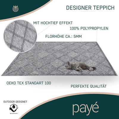 payé Teppich Wohnzimmer - Anthrazit 240x340cm - Raute Optik - Boho Teppiche für Balkon Terrasse Gart