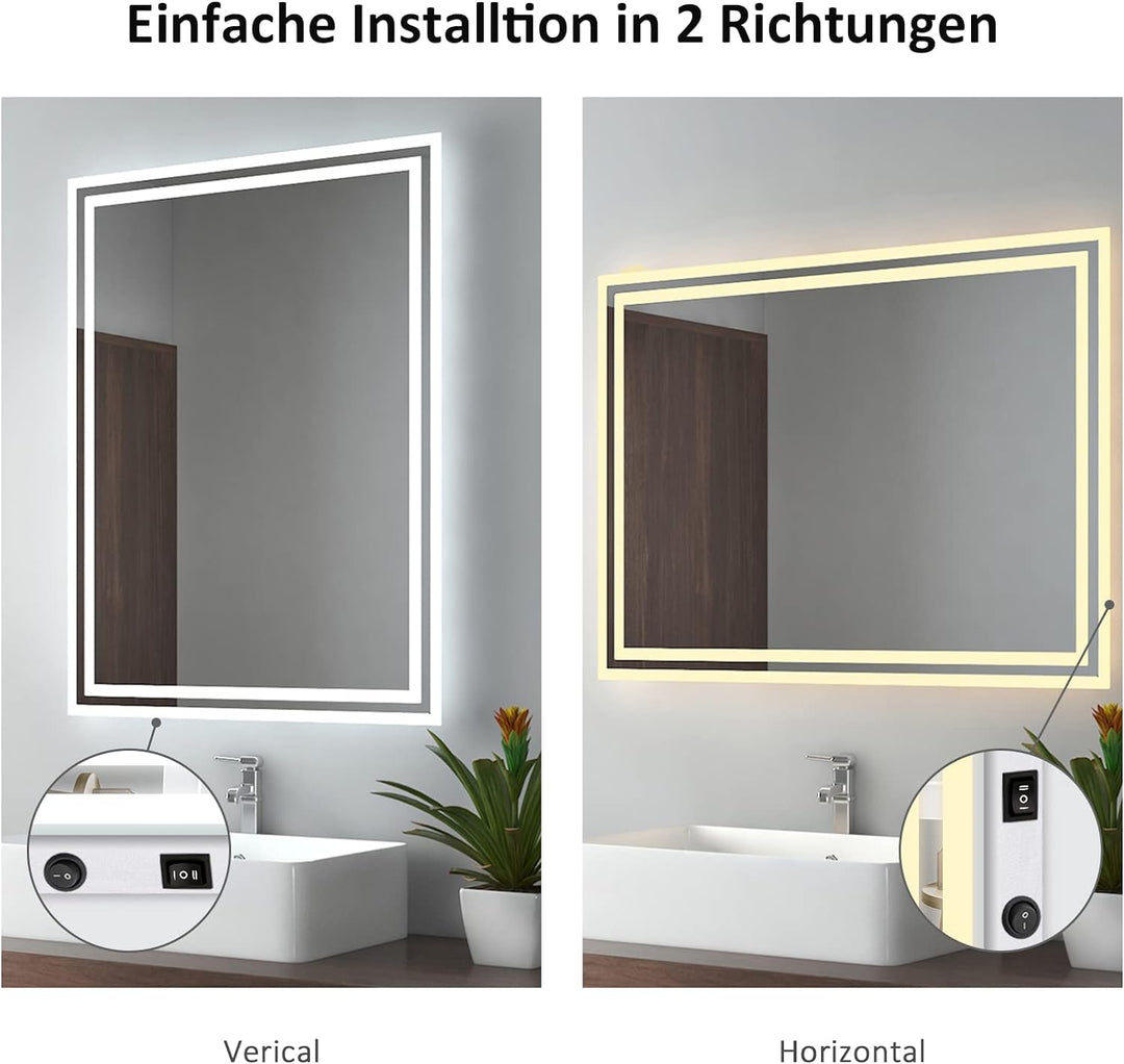 EMKE Badspiegel mit Beleuchtung 50x60cm, Badezimmerspiegel mit Kippschalter+Beschlagfrei+2 Lichtfarb