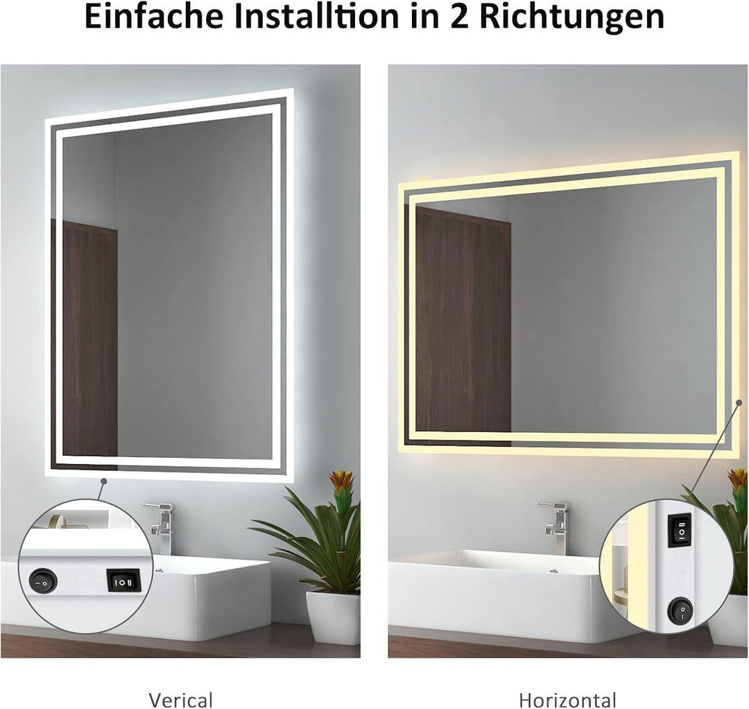 EMKE Badspiegel mit Beleuchtung 80x60cm, Badezimmerspiegel mit Kippschalter+Beschlagfrei+2 Lichtfarb