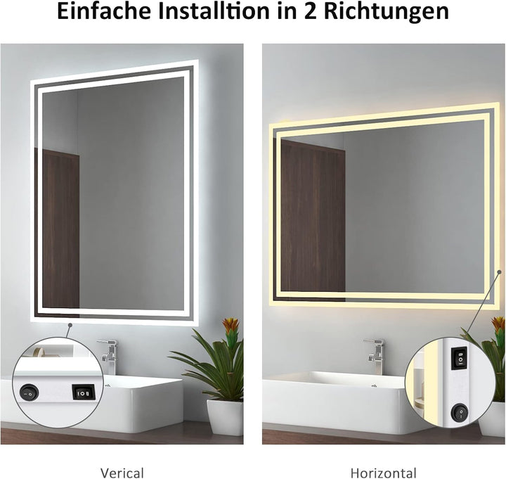 EMKE Badspiegel mit Beleuchtung 40x60cm, Badezimmerspiegel mit Kippschalter+Beschlagfrei+2 Lichtfarb