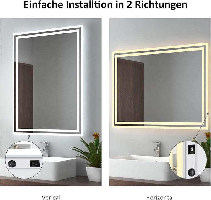 EMKE Badspiegel mit Beleuchtung 40x60cm, Badezimmerspiegel mit Kippschalter+Beschlagfrei+2 Lichtfarb