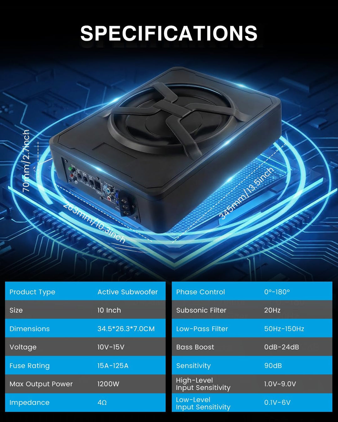 Aktiver Subwoofer für Auto, Passt unter Sitze, Maximale Leistung 1200 W, 10 Zoll, mit Umgebungsbeleu