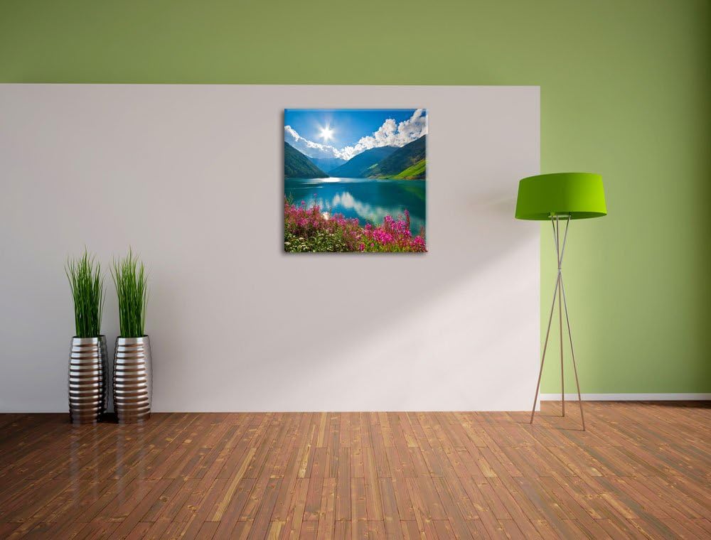 Blumenwiese am Bergsee, Format: 70x70 auf Leinwand, XXL riesige Bilder fertig gerahmt mit Keilrahmen
