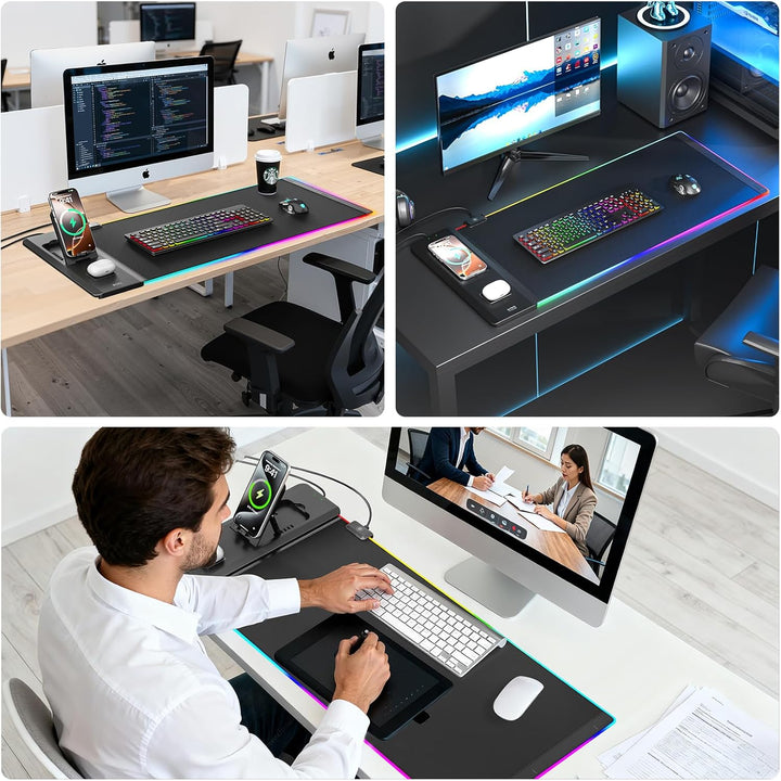 KDD Mauspad Gaming LED 15W Qi Kabelloser Ladung, Gaming Mousepad XXL mit Faltbar Handyhalter, Rutsch