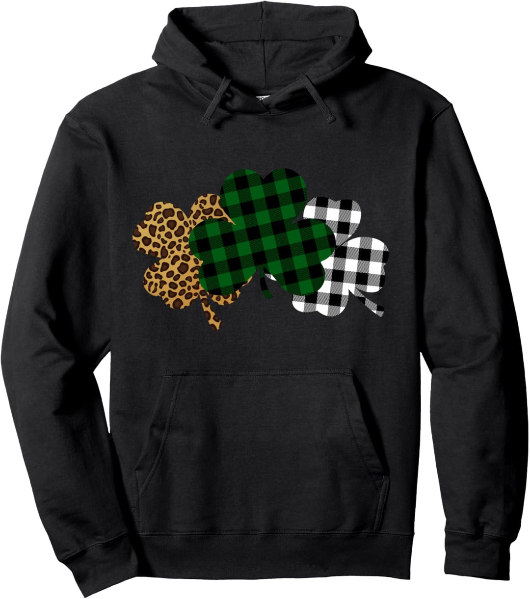 Buffalo Plaid Leopard Shamrock Clover Lucky St Patricks Day Pullover Hoodie