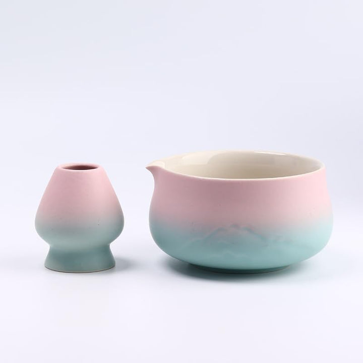 Matcha Set 7 teilig – Matcha Schale mit Ausgiesser, Matcha Besen (Chasen), Schaufel, Sieb, Besenhalt
