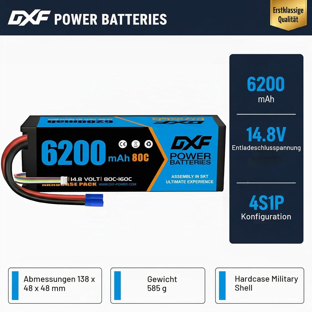 DXF 4S LiPo EC5 Akku 14,8V 80C 6200mAh Hardcase Batterie mit EC5 Steck für RC Auto, RC Flugzeug, RC