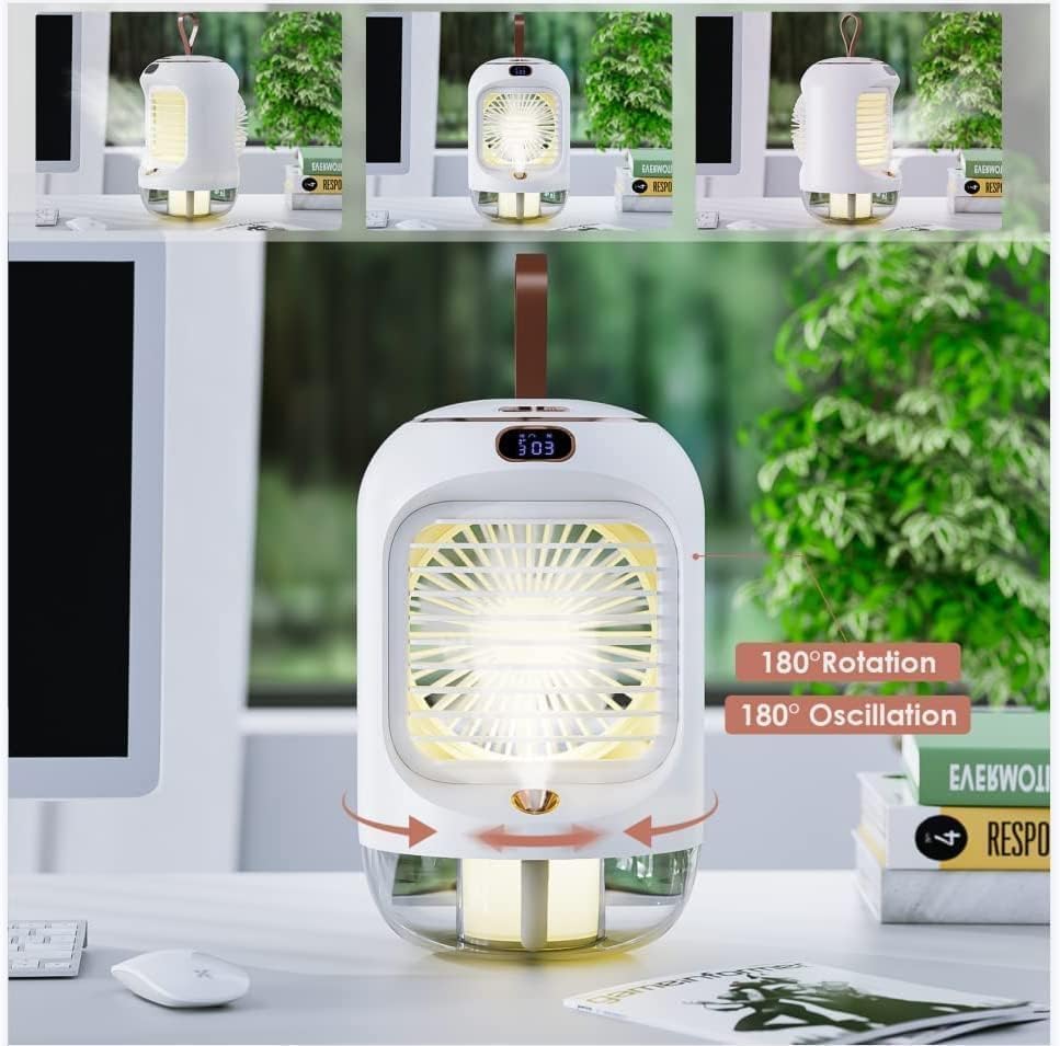 Drehbar Mobile Klimageräte, Multifunktional USB Mini Air Cooler mit 3 Geschwindigkeiten, Nachtlicht,