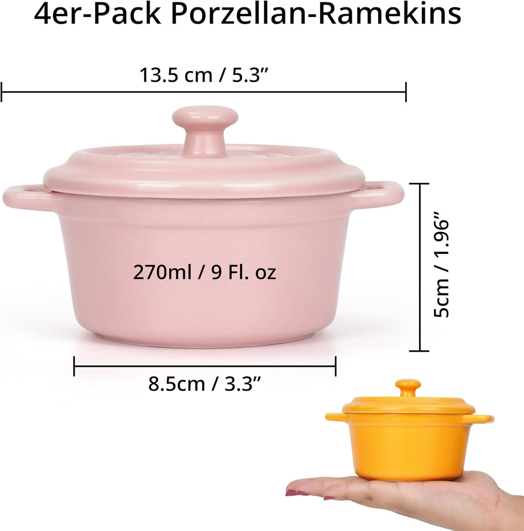Winter Shore 270 ml Porzellan-Auflaufform Klein mit Griffen & Deckel [4er-Pack] - Souffle Förmchen B