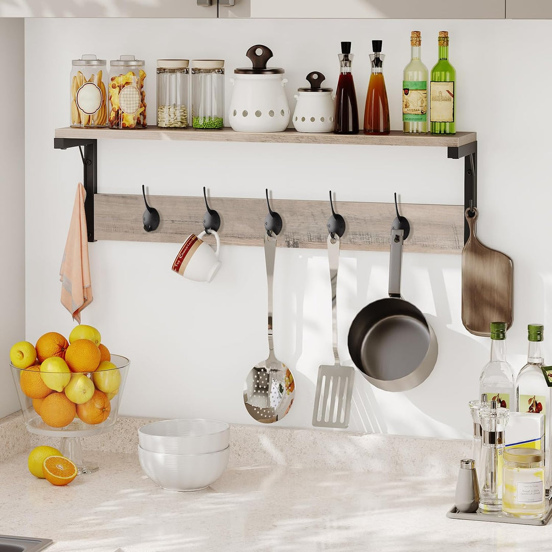 HOOBRO Wandgarderobe, Wandregal mit 7 Haken und Ablage, Hängeregal mit Garderobenleisten, Wandmontag