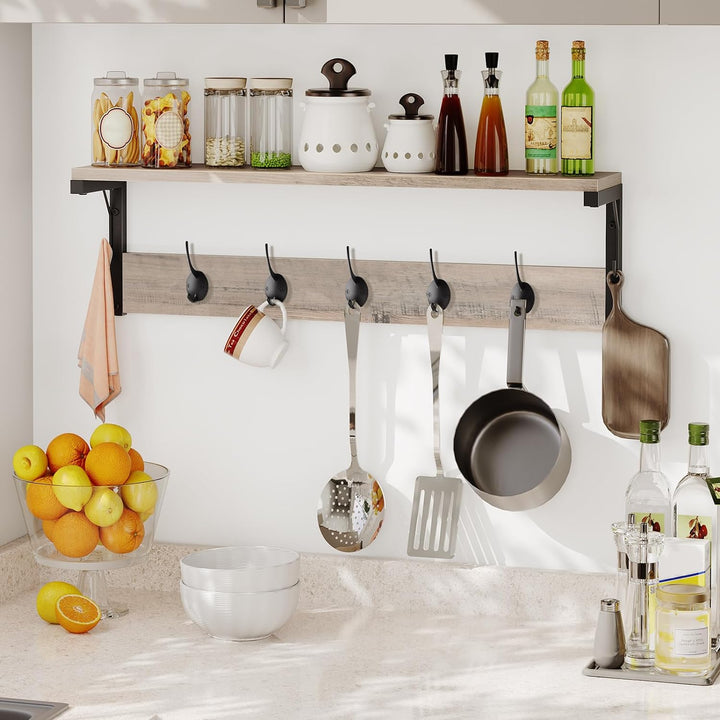 HOOBRO Wandgarderobe, Wandregal mit 7 Haken und Ablage, Hängeregal mit Garderobenleisten, Wandmontag
