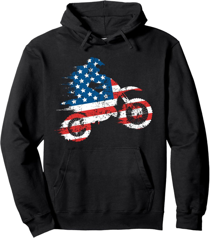 Motocross Silhouette Vintage American Flag Pullover Hoodie