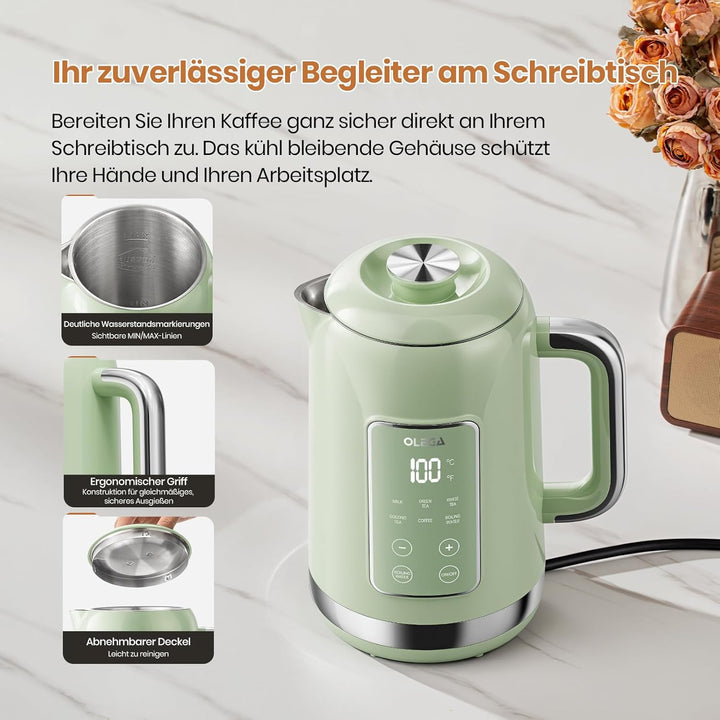 OLEGA Wasserkocher: 1800 W Wasserkocher mit Temperaturregelung, 1,5 l Fassungsvermögen, Edelstahl, S