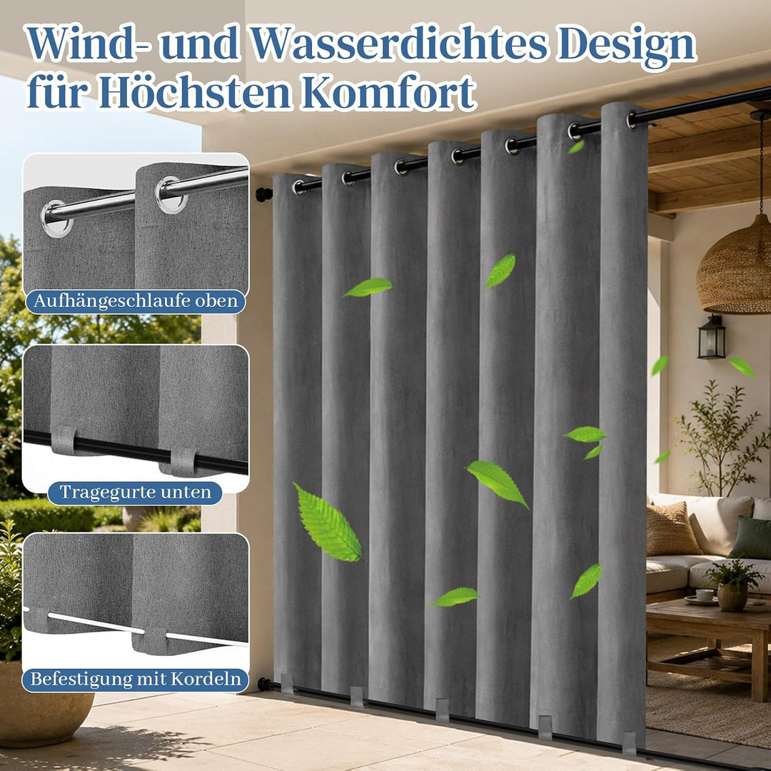 Rosnek Outdoor Vorhang Wetterfest Extra Breit B254 x H214 cm, 100% Blickdicht Winddicht mit Ösen Obe
