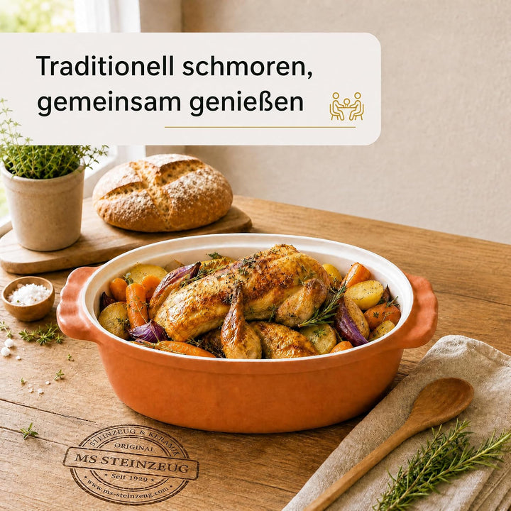 TerraStone Bräter oval mit Deckel, 42x27x17 cm, Terrakotta | Natürlicher Tonbräter für saftige Schmo