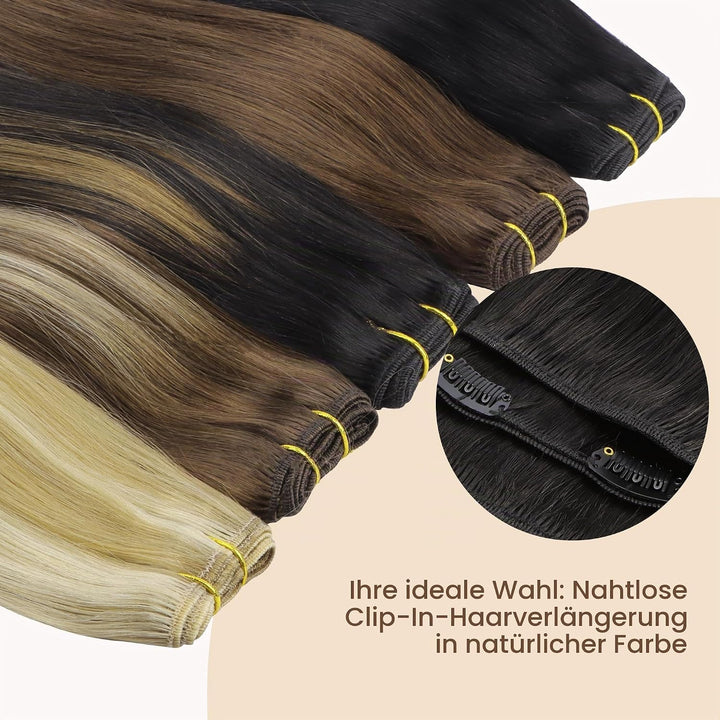 GOO GOO Echthaar Extensions Clip, 35cm 14 Zoll 120g 7 Stück Balayage Naturschwarz Gemischt Kastanien
