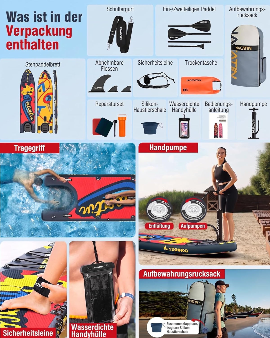 NACATIN 366cm (12ft) aufblasbares SUP Board mit Hunderampe, breites 91cm (36in) Stand Up Paddling Bo