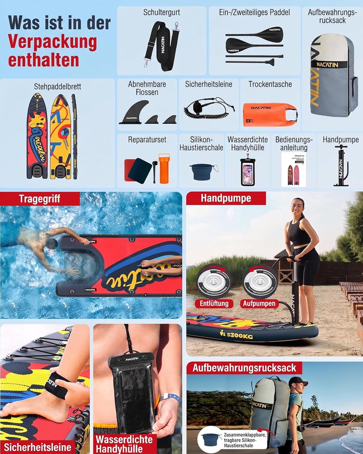 NACATIN 366cm (12ft) aufblasbares SUP Board mit Hunderampe, breites 91cm (36in) Stand Up Paddling Bo