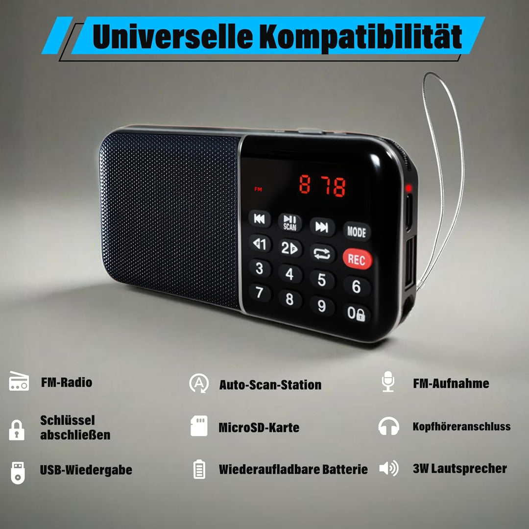 Kleines Digitalradio, Mini FM Radio mit Autosuche, eingebauter wiederaufladbarer Akku und MP3-Wieder