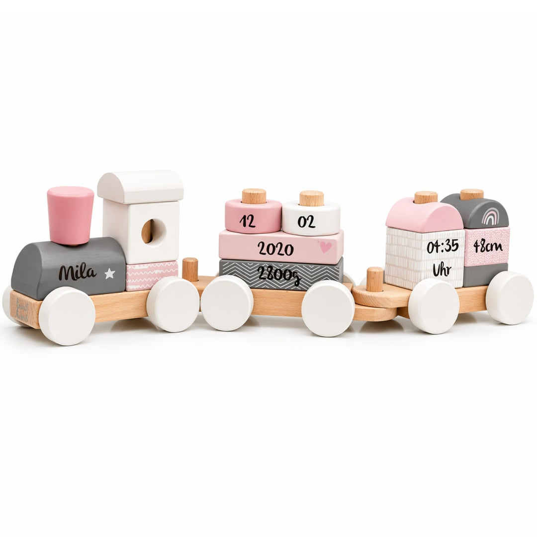Personalisierte Holzeisenbahn rosa – Personalisierte Geschenke Baby | Steckspielzeug | Geschenk zur