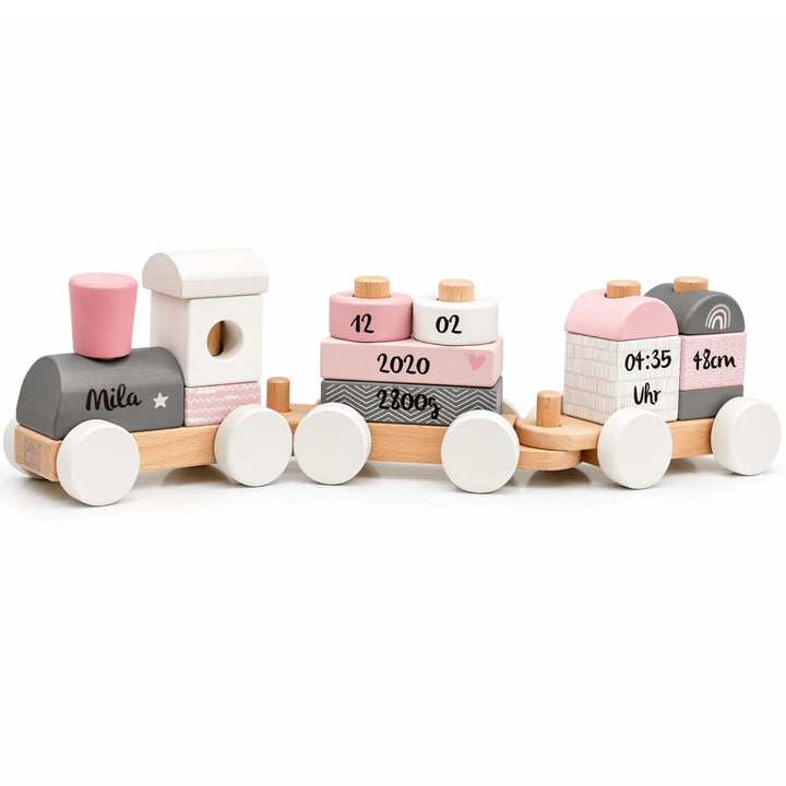 Personalisierte Holzeisenbahn rosa – Personalisierte Geschenke Baby | Steckspielzeug | Geschenk zur