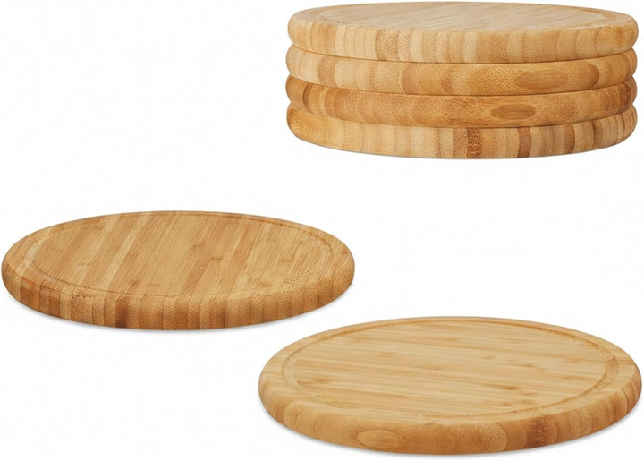 Relaxdays Frühstücksbrettchen 6er Set, Bambus, rund, 25 cm, Küchenbrett, pflegeleicht, natürlich, me