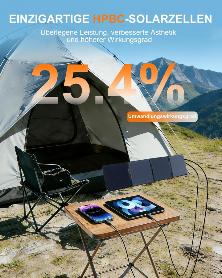 ELECAENTA 30W ETFE HPBC Solar Ladegerät 2-Port USB-C PD20W QC3.0 IP68 Wasserdicht Faltbar Solar Pane