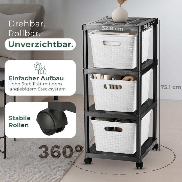 Novaliv Rollwagen 4 Etagen mit 3x Rattankorb & Holz-Deckel, Badezimmer-Regal Badregal Bad Küche, Ord