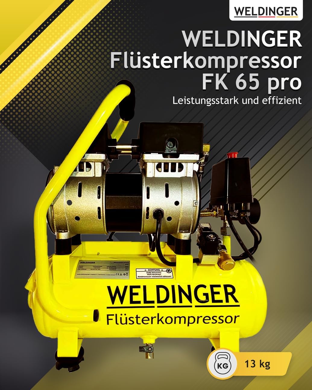 WELDINGER Flüster Kompressor FK 65 pro 750 W 90 l Luftabgabe innenbeschichteter Tank 9 bar max. FK 6