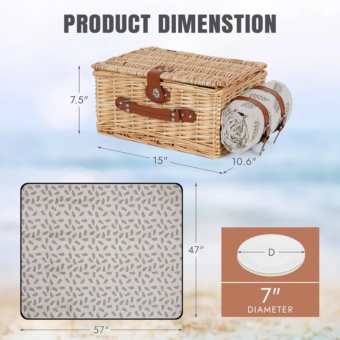 HappyPicnic Picknickkorb-Set für 2 – Weiden-Picknickkorb mit wasserdichter Decke & isoliertem Innenf