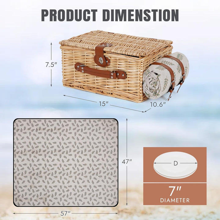 HappyPicnic Picknickkorb-Set für 2 – Weiden-Picknickkorb mit wasserdichter Decke & isoliertem Innenf
