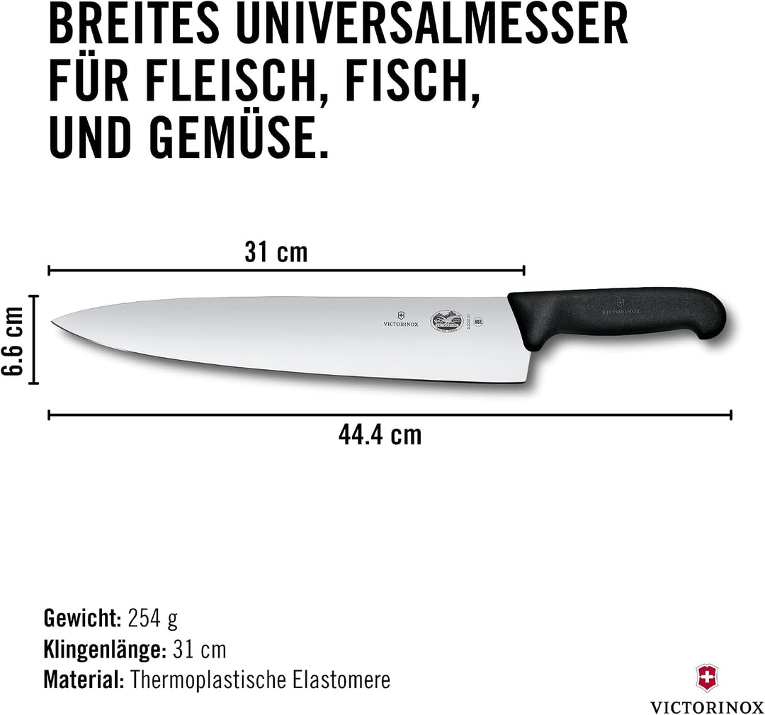 Victorinox Fibrox Kochmesser, Breites Universalmesser für Fleisch, Fisch, Gemüse und Kräuter, 31 cm,