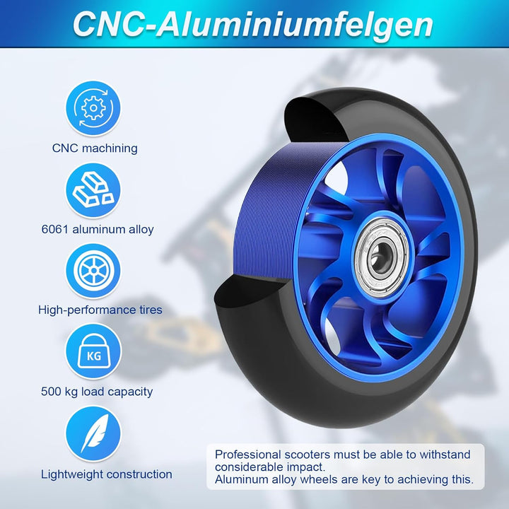 HA BIN Scooter Räder 100mm – 2 Stück, ABEC-9 Kugellager, Aluminiumlegierung Felgen, Anti-Blockier-La