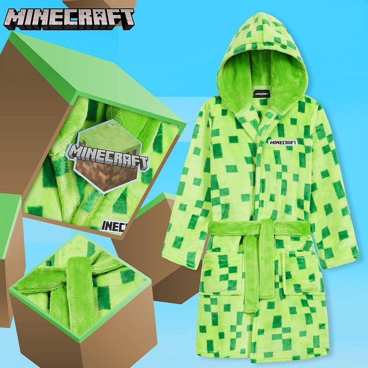 Minecraft Bademantel Kinder Jungen Weicher Fleece Morgenmantel mit Kapuze Badeponcho Creeper Gamer G