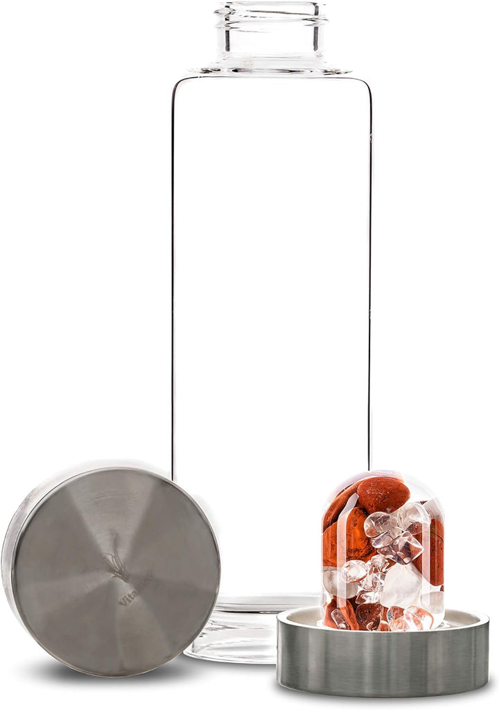 VitaJuwel ViA FITNESS - Wasserflasche mit Roter Jaspis, Magnesit & Bergkristall für Willenskraft und