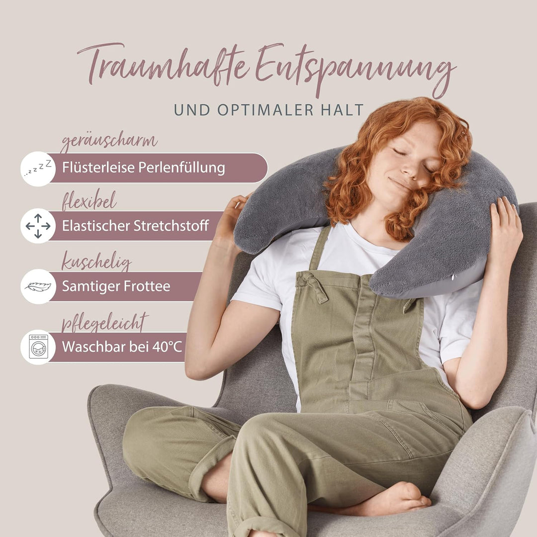 Theraline Plüschmond Stillkissen, Kopfkissen und Nackenkissen mit Perlen, ergonomisches Kissen zum S
