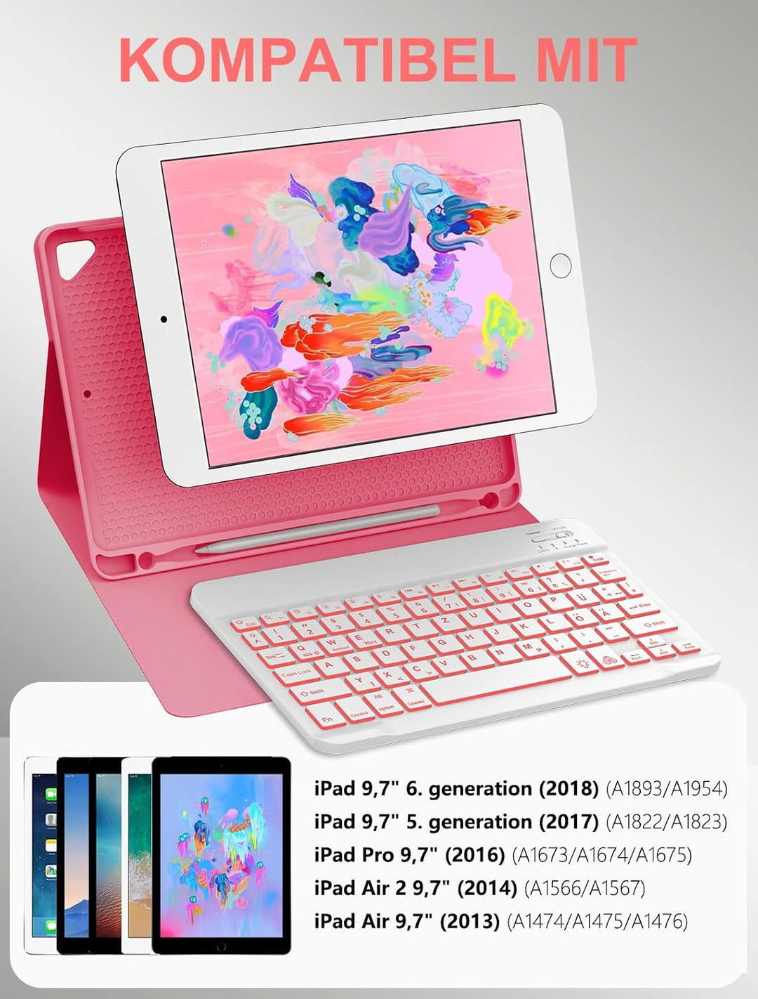 JADEMALL Für iPad 6. Generation Hülle mit DE Tastatur, Abnehmbare Bluetooth Tastatur mit 7-Farben Ba