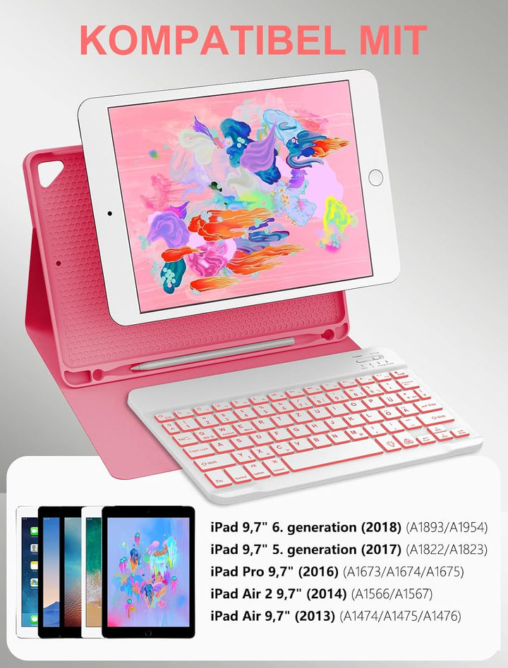 JADEMALL Für iPad 6. Generation Hülle mit DE Tastatur, Abnehmbare Bluetooth Tastatur mit 7-Farben Ba
