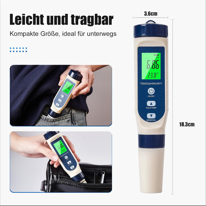 Pious Ph Wert Messgerät, Hochpräzises Ph/Salzgehalt/ec/tds/Temperatur-Multifunktions-Ph-Messgerät, A